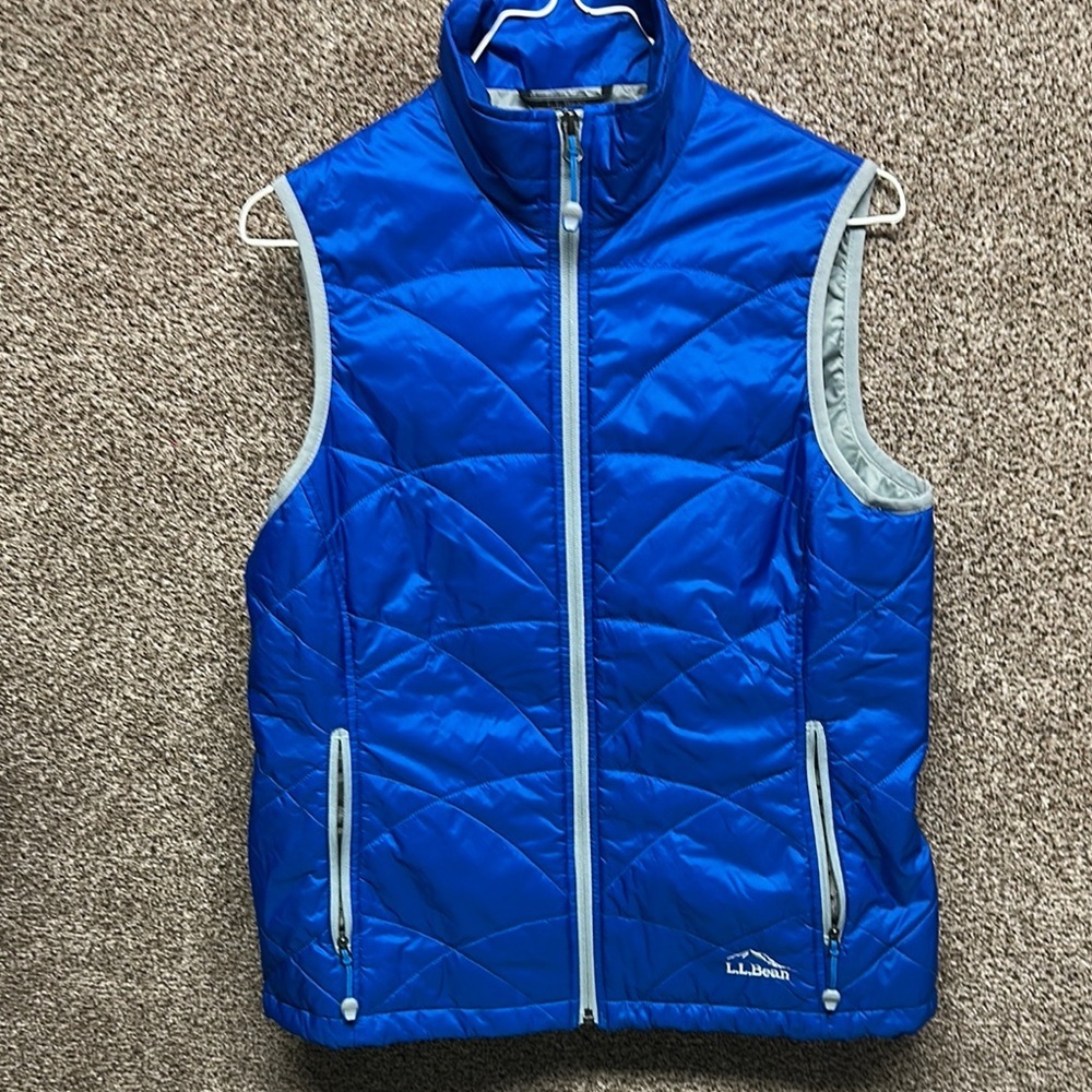 L.L. Bean Blue Quilted Puffer Vest with Light Gray Trim